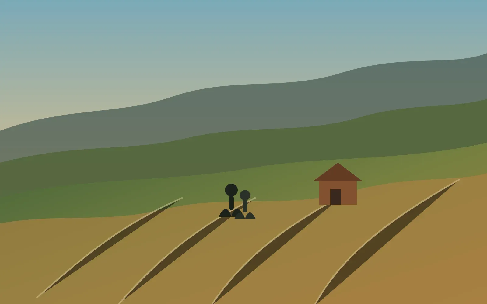 Paisaje rural de Bolivia con familias caminando entre campos de cultivo